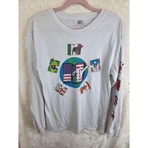 MTV Global Flags Long Sleeve Graphic T-Shirt White Mens Medium 2019 Viacom
